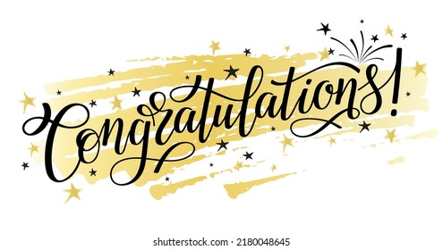 Handwritten Congratulations black lettering with golden background. Vector illustration.