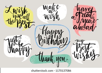 Handwritten congratulations and wish phrases inside hand drawn callout clouds. Lettering. Vector illustration with drawn words.