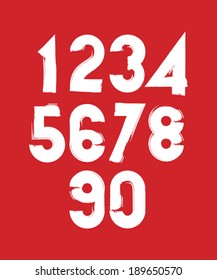 Handwritten contemporary vector digit set, doodle hand-painted numerals on red background.