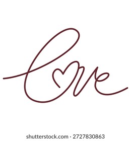 Handwritten continuous line word love where the letter O is a heart shape