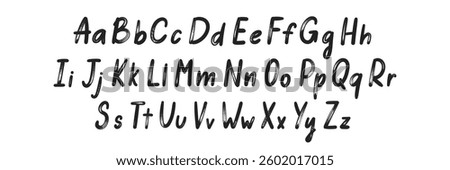 Handwritten cursive alphabet, brush stroke typography. Sketch black ink design header uppercase and lowercase letters. Font with organic texture. Black vector illustration on a white background.