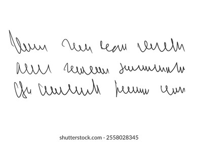 Handwritten cursive scribble text letter. Freehand note. Unreadable doodle write by pen isolated on white background. Illegible cursive script message. Vector hand drawn illustration.