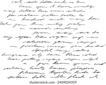 Handwritten cursive text in black ink, original and vintage look. Totally illegible, unreadable love poem, love letter. Ideal for patterns, vintage textures, video game assets, or backgrounds