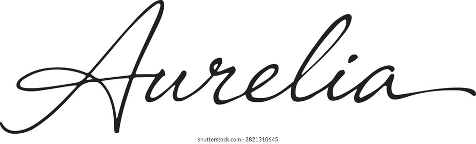 Handwritten cursive text reading aurelia in black ink on a clean and simple white background... de