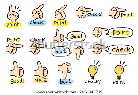 Handwritten cute pointing icon set. Point check good bad nice.