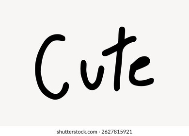 Handwritten 'Cute' text in black on a white background. Simple and cute design. Cute, minimalist style for playful, cute projects. Doodle vector.