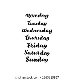 Handwritten days of the week. 7 Days of the week. Hand drawn lettering for planners, schedule, weekly calendars. Vector illustration.Monday, Tuesday, Wednesday, Thursday, Friday, Saturday, Sunday. 