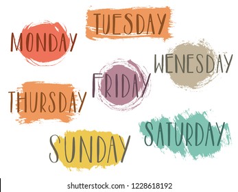 Handwritten days of the week monday, tuesday, wednesday, thursday, friday, saturday sunday calligraphyLettering typography Vector illustration