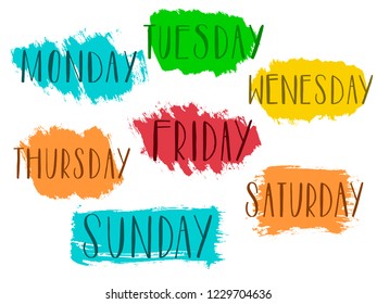 Handwritten days of the week monday, tuesday, wednesday, thursday, friday, saturday sunday calligraphy.Lettering typography Vector illustration