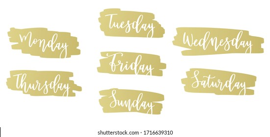 Handwritten days of the week: Monday, Tuesday, Wednesday, Thursday, Friday, Saturday, Sunday. white ink calligraphy words with gold strokes isolated on white background. Calligraphy