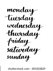 Handwritten Days Of The Week: Monday, Tuesday, Wednesday, Thursday, Friday, Saturday, Sunday. Black Ink Calligraphy Words Isolated On White Background.