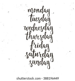 Handwritten days of the week: Monday, Tuesday, Wednesday, Thursday, Friday, Saturday, Sunday. Black ink calligraphy words isolated on white background. Calligraphy.