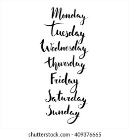 Handwritten days of the week: Monday, Tuesday, Wednesday, Thursday, Friday, Saturday, Sunday. Black ink calligraphy words isolated on white background. Lettering for calendar, planner, diary y etc.