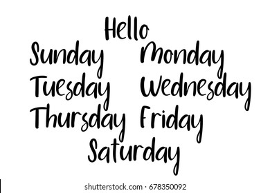 Handwritten days of the week: Monday, Tuesday, Wednesday, Thursday, Friday, Saturday, Sunday. Black ink calligraphy words isolated on white background. Vector Calligraphy.