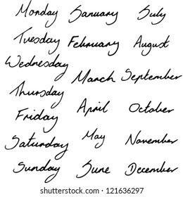 Handwritten Days of the Week and Months of the Year. Vector Version.