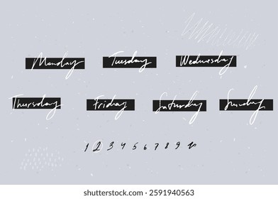 Handwritten days of week, planner stickers, dates and numbers.