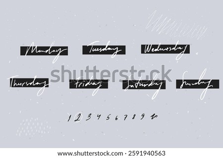 Handwritten days of week, planner stickers, dates and numbers.