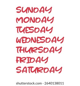 Handwritten days of the week in red ink displayed in a vertical list on white background