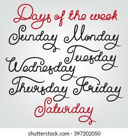 Handwritten days of the week: Sunday, Monday, Tuesday, Wednesday, Thursday, Friday, Saturday. Calligraphy week words for calendars and organizers. Stock vector week lettering typography
