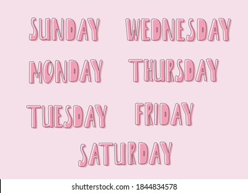Handwritten Days of The Week Vector Illustration (Sunday, Monday, Tuesday, Wednesday, Thursday, Friday, Saturday) Easy Editable Color