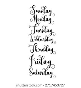 Handwritten Days of the Week Vector Set, Modern Calligraphy Script for Planner Stickers, Bullet Journaling, and Calendar Design, Elegant Hand Lettering Typography Elements