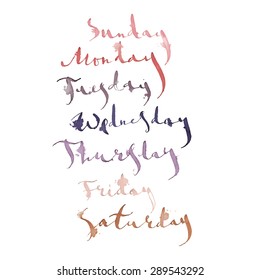 Handwritten days of the week, Vector watercolor calligraphy in pastel colors with artistic blur, isolated on white background