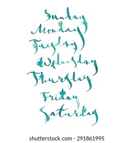 Handwritten days of the week, Vector watercolor calligraphy with artistic blur, isolated on white background