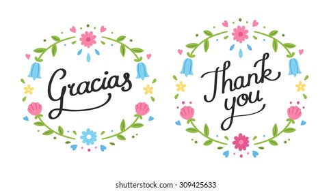 Handwritten decorative Thank You banner in English and Spanish with simple cute floral wreath.