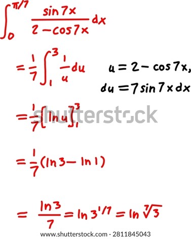 Handwritten definite calculus integral using trigonometric substitution and logarithmic evaluation with step by step mathematical solution on white.