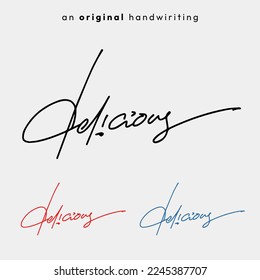 handwritten "delicious" cursive style, black, red, and blue color options. Perfect for greeting cards, logos and t-shirt printing