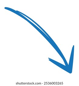 Handwritten descending blue arrow illustration