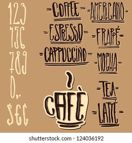 Handwritten design elements for cafÃ?Â©s, coffeeshops, restaurant menus, signs, blackboards and price tags.