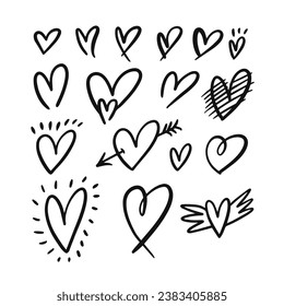 Diferentes íconos del doodle escritos a mano con un conjunto de signos cardíacos. Color negro en ilustración vectorial de estilo cómic. Aislado sobre fondo blanco.