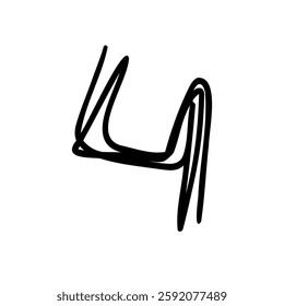 Handwritten digit number four 4. Black font symbol in hand drawn doodle style. Vector illustration isolated on white background. For menu, presentation, branding, font, education, math.