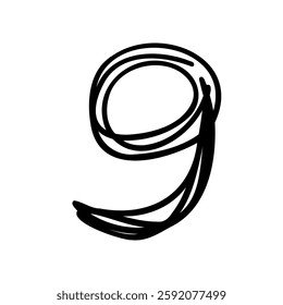 Handwritten digit number nine 9. Black font symbol in hand drawn doodle style. Vector illustration isolated on white background. For menu, presentation, branding, font, education, math.