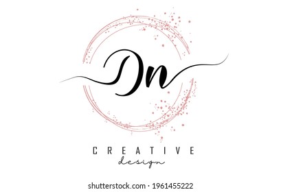 Handwritten Dn D n letter logo with sparkling circles with pink glitter. Decorative vector illustration with D and n letters.