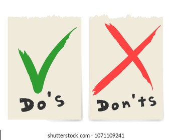 Handwritten Do and Dont check tick mark and red cross checkbox icons lettering design isolated on white background. Vector Do's and Don'ts checklist. Poor or good test result.  Vector Illustration