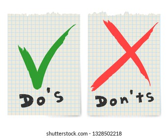 Handwritten Do and Dont check tick mark and red cross checkbox icons lettering design isolated on white background. Vector Do's and Don'ts checklist. Poor or good test result. Vector Illustration