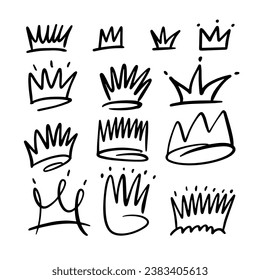 Coronas de doodle escritas a mano. Dibujo en color negro ilustración vectorial de arte en estilo cómic. Aislado sobre fondo blanco.