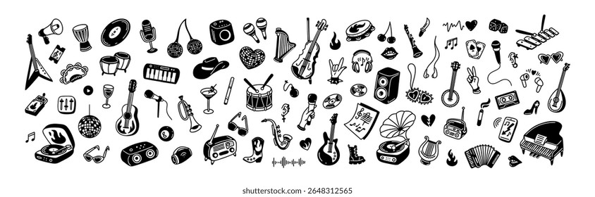 Elementos e ícones manuscritos de design de música de doodle. Punk, fundo de esboço do festival de rock. Violão, piano, flauta e outros instrumentos musicais. Conceito Y2k retro disco crayon. Vinil vintage player