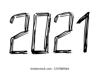 Handgeschriebene Doodle-Nummern. Einfache Vektorgrafik mit schwarz-weißer Tinte. Neujahr 2021.