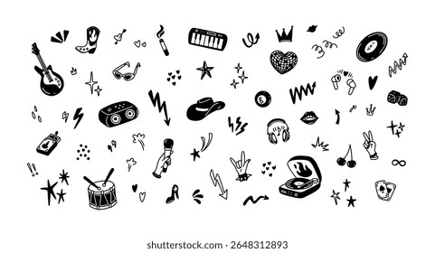 Plano de fundo gráfico manuscrito doodle rock n roll. Festival de música punk. Retro vintage vinil player, guitarra, microfone. Festa de discoteca de Cowboy. Conjunto de vaqueira adesivos estéticos, ícones, elementos de design
