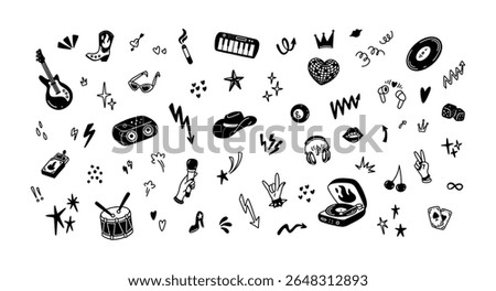 Handwritten doodle rock n roll graphic background. Punk music festival. Retro vintage vinyl player, guitar, microphone. Cowboy disco party. Set of cowgirl aesthetic stickers, icons, design elements