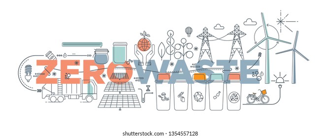 Handwritten doodle Zero Waste text title sign  Vector illustration set icons. Recycle, reuse, reduce ecological lifestyle and sustainable developments concept elements. Eco style. No plastic. Go green