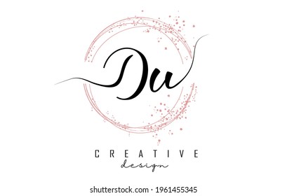 Handwritten Du D u letter logo with sparkling circles with pink glitter. Decorative vector illustration with D and u letters.