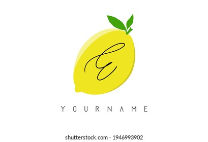 Handwritten E letter logo design with lemon background. Creative vector illustration with lemon and letter E.