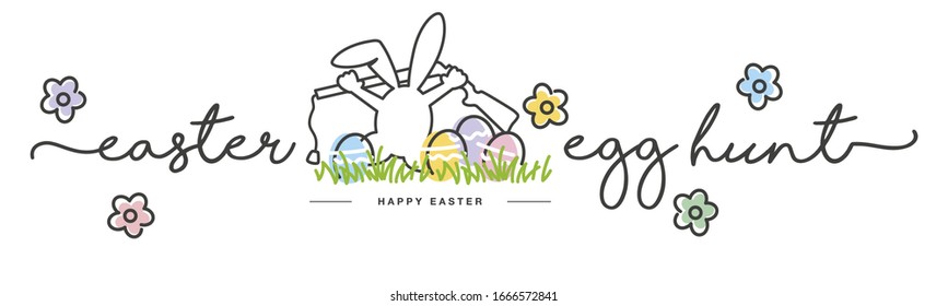 Handwritten "Easter egg hunt" typography line text lettering. Hunter bunny design with colorful eggs on white, greeting card