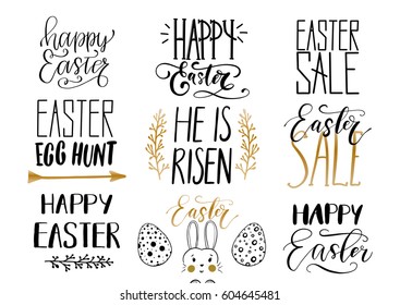 Handwritten Easter phrases design collection for greeting cards, photo overlays. Black and golden colors Happy Easter lettering modern calligraphy isolated on white background.