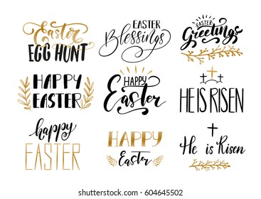 Handwritten Easter phrases design collection for greeting cards, photo overlays. Black and golden colors Happy Easter lettering modern calligraphy isolated on white background.