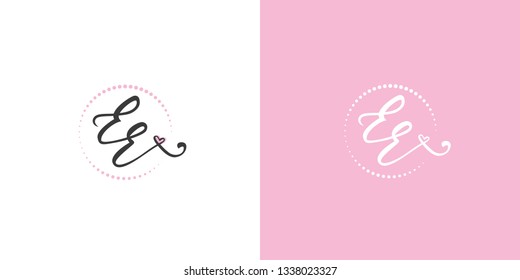 Handwritten EE feminine monogram logo with heart and dots circle in gentle pink. Lovely script lettering with initials for female company business branding. Clean and simple romantic logotype design